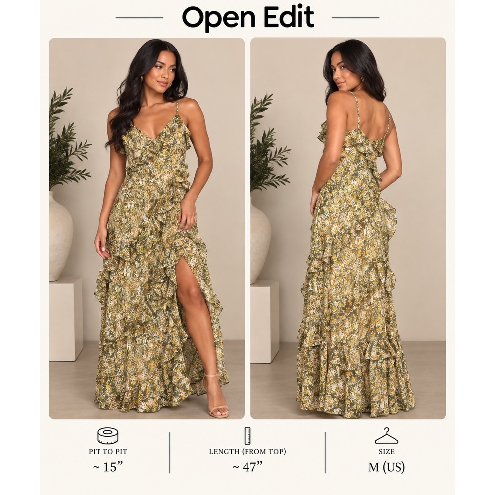 Open Edit Floral Ruffle Maxi Dress Green Multi Tiered Slit Size M
